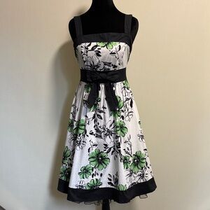 Ruby Rox Black, White, and Green Floral Print Tie Flare Dress